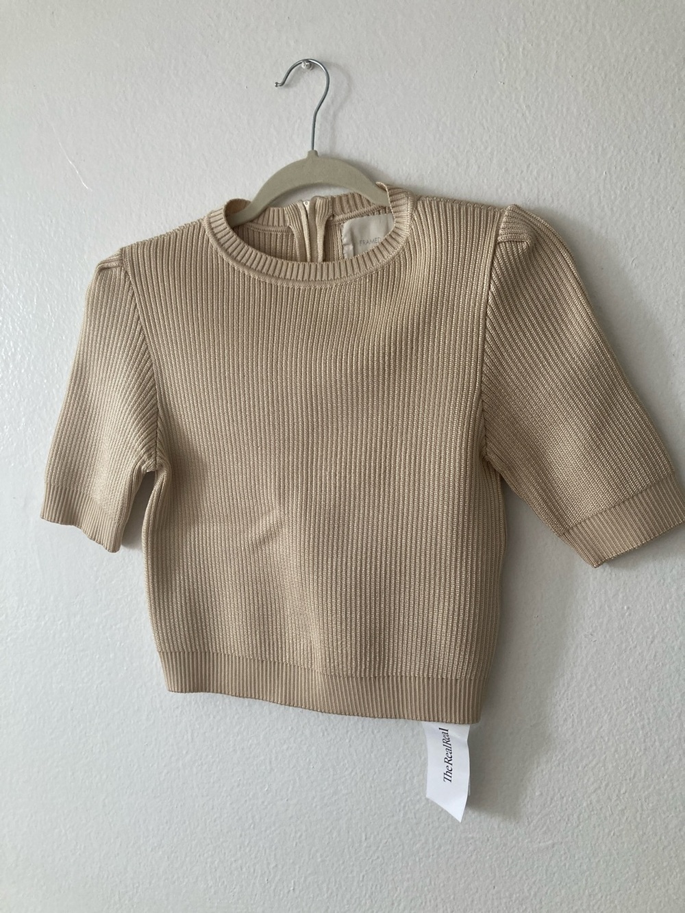 Frame Denim Neutral Metallic Cream Ribbed Short Sleeve Top - Picture 3 of 5